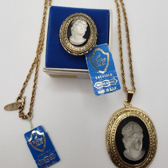 NOS Vintage Whiting & Davis Black Crystal Cameo Gold Tone Ring 8 & Necklace Set